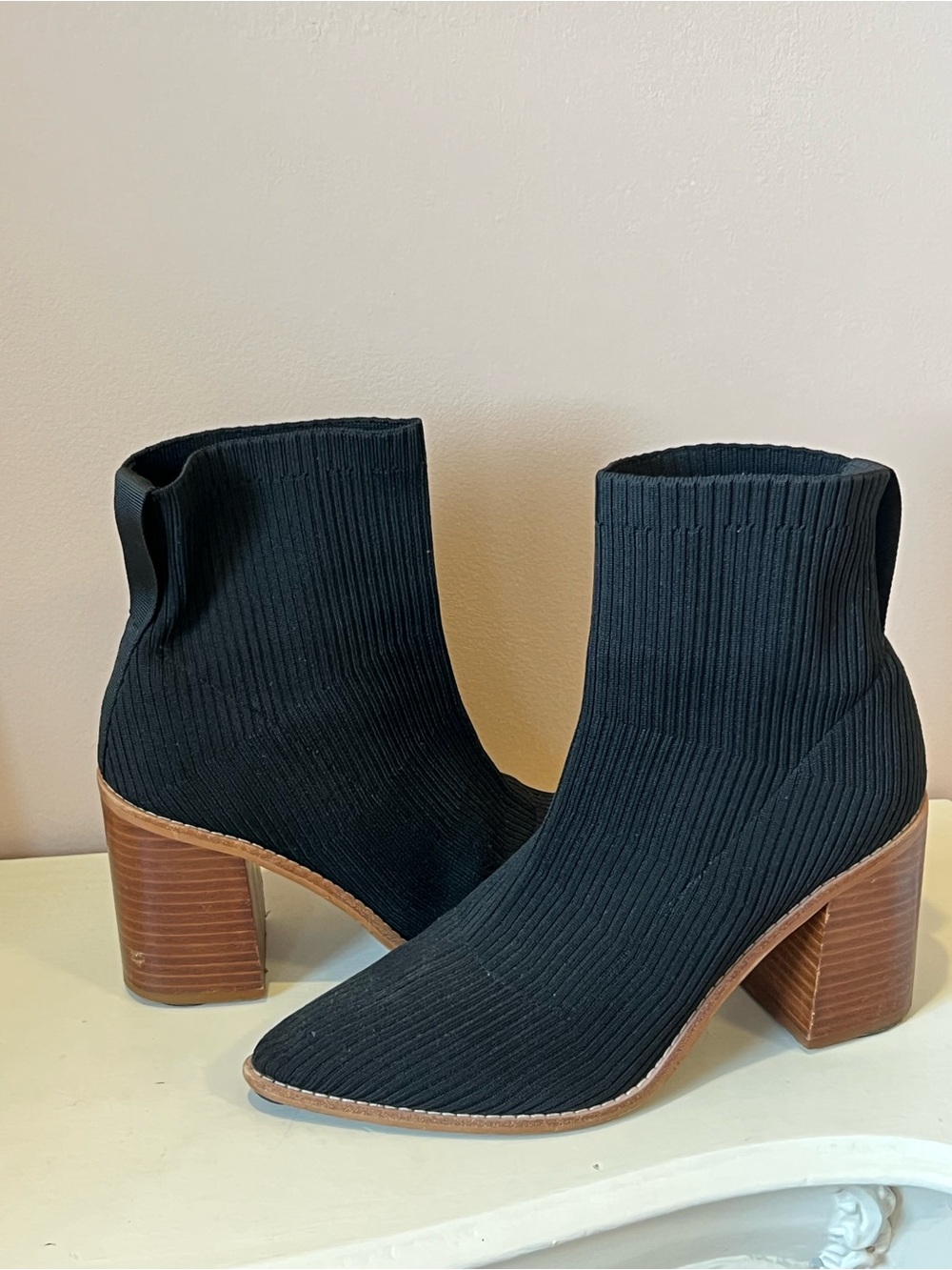 Black Ribbed Sock Ankle Boots with Block Heel